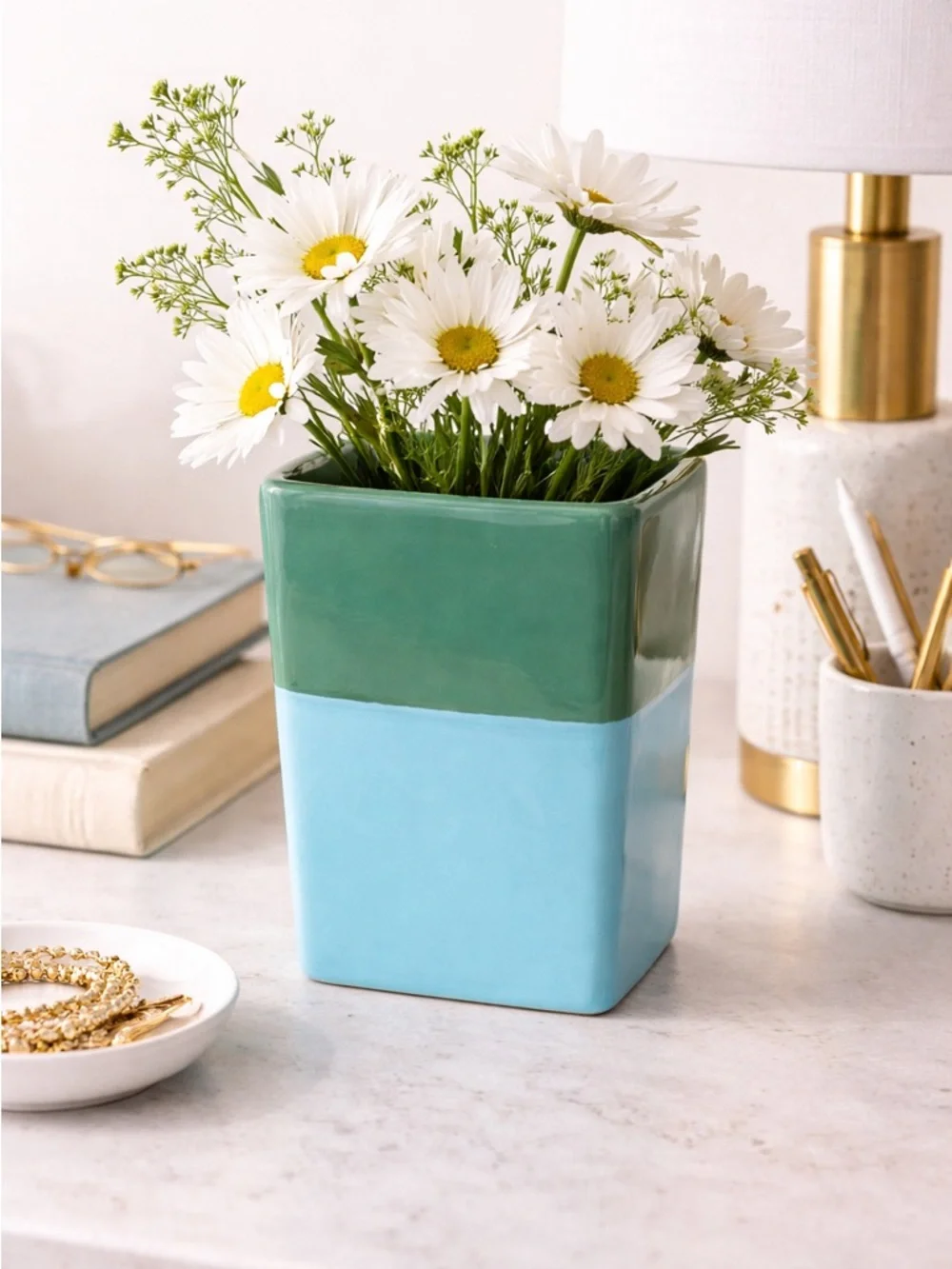 Red Envelope Portugal Ceramic Vase Green Blue Color Block Modern 6”